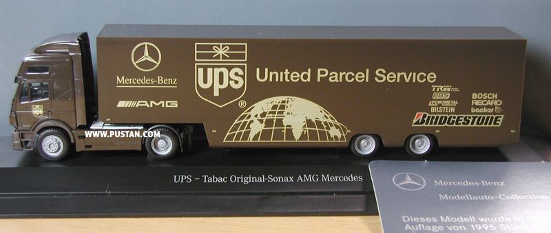 UPS ® United Parcel Service - Tabac Original-Sonax AMG Mercedes Mercedes-Benz Modellauto-Collection TRW Power Steering BBS BOSCH RECARO FONDMETAL AERO BY TECHNOLOGIES BILSTEIN becker BRIDGESTONE B 6 600 5321 1853 LB-RA 325 Dieses Modell wurde in einer limitierten Auflage von 1995 Stück hergestellt. UPS