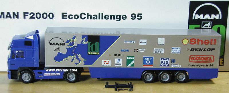 MAN Nutzfahrzeuge Aktiengesellschaft 09.38069-0111 F2000 19.403 Truck of the Year '95 ECO Challenge Aerospoiler Ingenieur Büro Dr. Lechner Edinburgh Bari Trans Euro Test Fritzmeier Erfolg durch Ideen für Metall und Kunststoff Eberspächer Heating Systems Lucas SKF ZF ECOSPLIT INTARDER ® Kögel Fahrzeugwerke AG Ulm Shell Dunlop WABCO safety on all roads TÜV Bayern Group Knecht Filter Sachs Bosch North Sea Ferries Böhler Federn henze team MAN